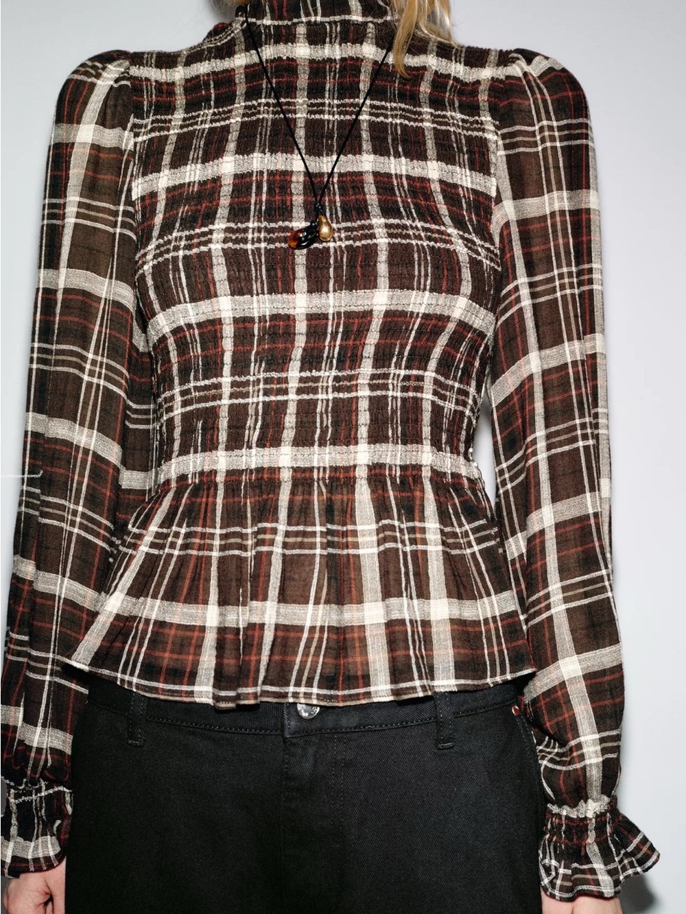 Zara Brown Plaid Smocked Peplum Blouse - Picture 2 of 5